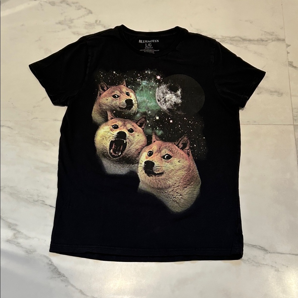 Doges in Outer Space Black Large Slim Fit Dog Graphic T-Shirt